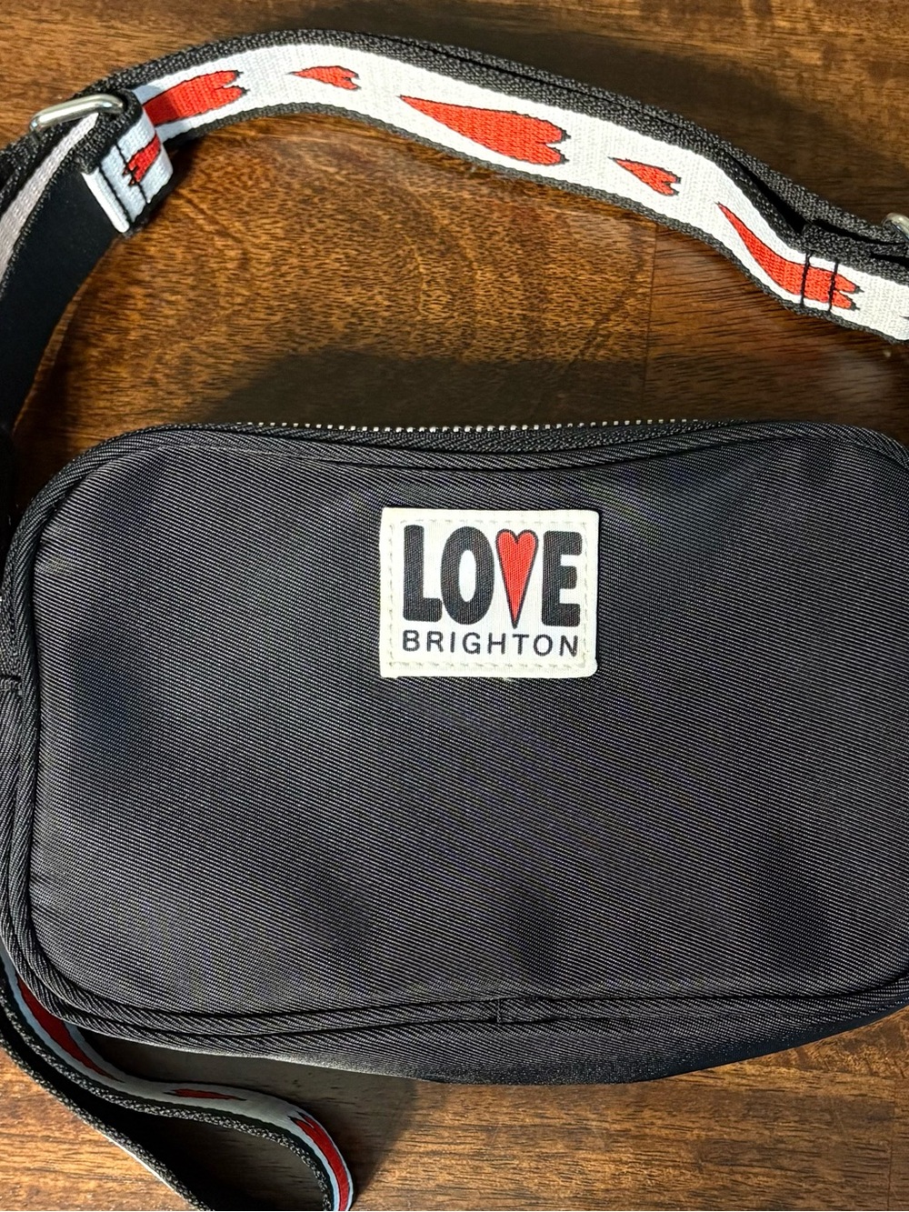 Brighton Black Crossbody Bag with Adjustable Red Heart Guitar Style Strap